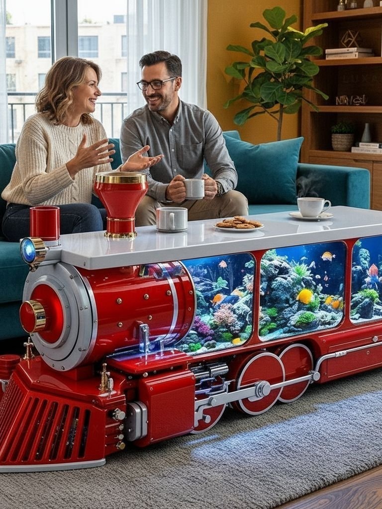 Train Aquarium Coffee Table - Unique Train-Shaped Fish Tank Centerpiece