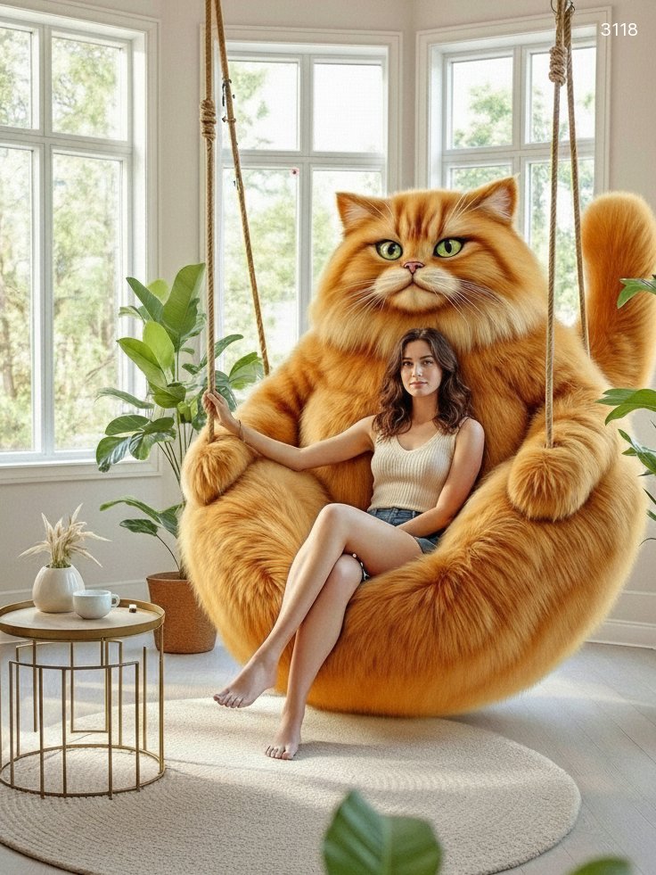 Giant Hanging Cat Lounger - Adorable Plush Cat Swing Chair Giant Hanging Cat Lounger - Adorable Plush Cat Swing Chair