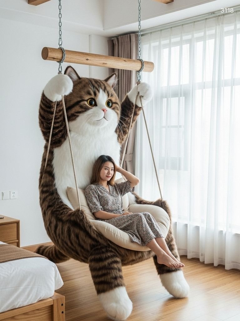 Giant Hanging Cat Lounger - Adorable Plush Cat Swing Chair Giant Hanging Cat Lounger - Adorable Plush Cat Swing Chair