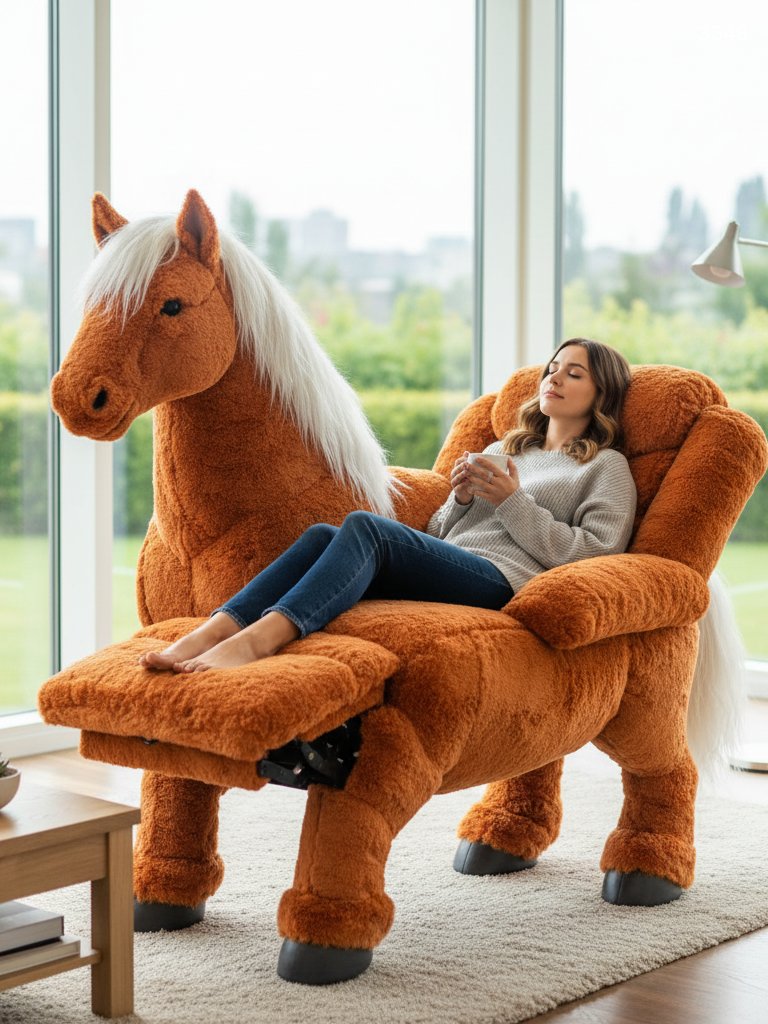 Walking Horse Recliner Chair - Giant Plush Ride-On Rocking Unicorn for Kids & Adults Walking Horse Recliner Chair - Giant Plush Ride-On Rocking Unicorn for Kids & Adults