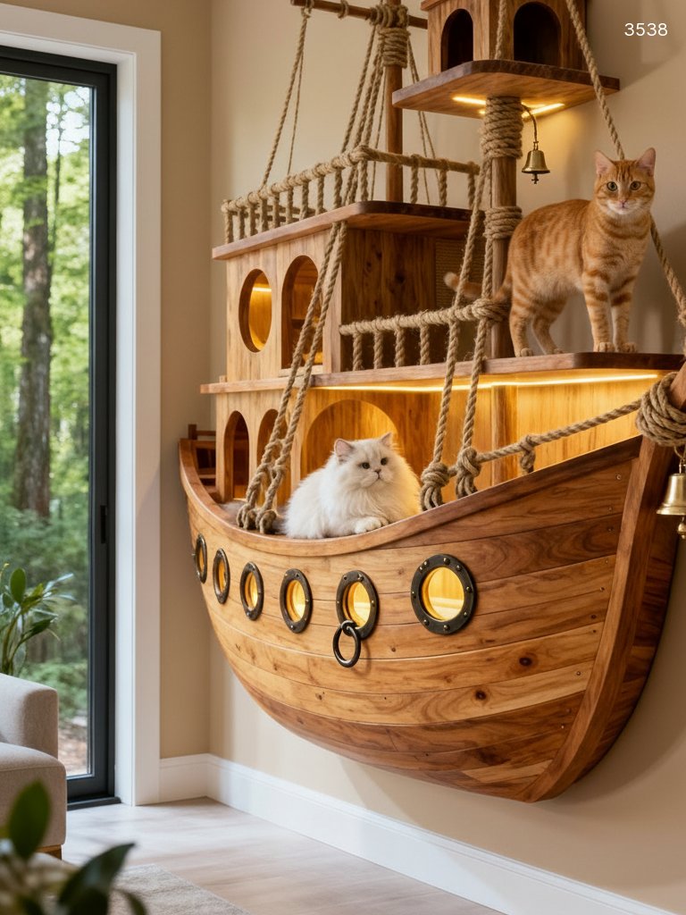 Pirate Ship Cat Playground - Luxury Wall-Mounted Wooden Cat Tree with LED Lights Pirate Ship Cat Playground - Luxury Wall-Mounted Wooden Cat Tree with LED Lights