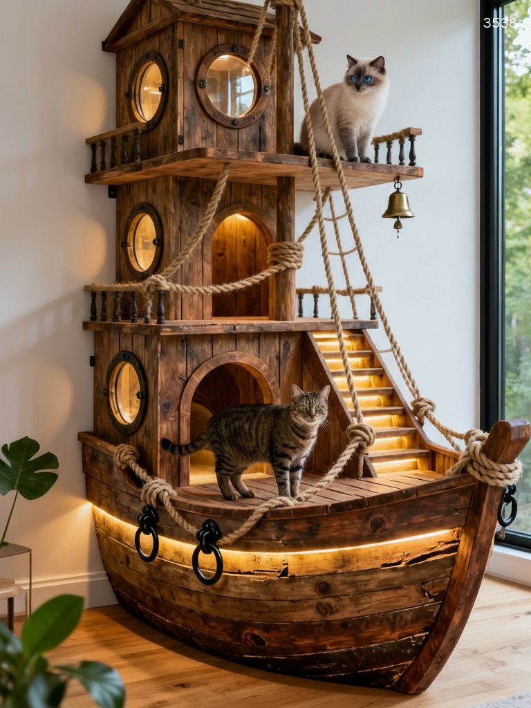 Pirate Ship Cat Playground - Luxury Wall-Mounted Wooden Cat Tree with LED Lights Pirate Ship Cat Playground - Luxury Wall-Mounted Wooden Cat Tree with LED Lights