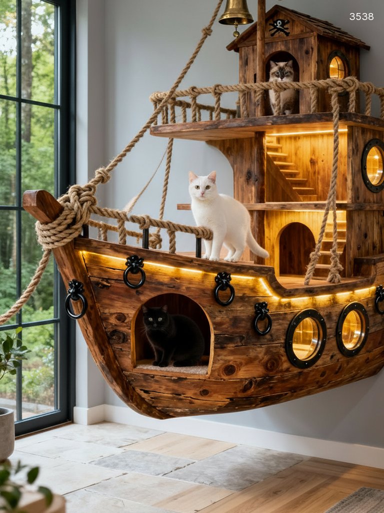 Pirate Ship Cat Playground - Luxury Wall-Mounted Wooden Cat Tree with LED Lights Pirate Ship Cat Playground - Luxury Wall-Mounted Wooden Cat Tree with LED Lights