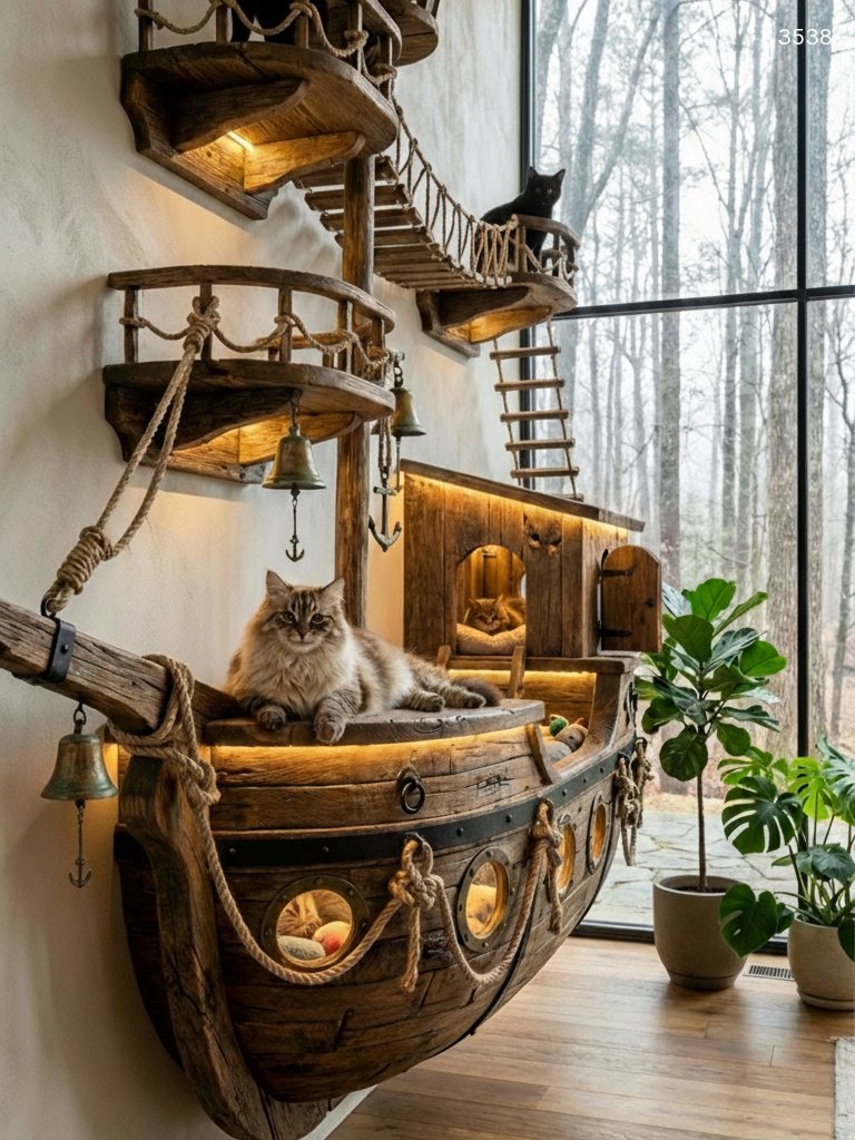 Pirate Ship Cat Playground - Luxury Wall-Mounted Wooden Cat Tree with LED Lights Pirate Ship Cat Playground - Luxury Wall-Mounted Wooden Cat Tree with LED Lights