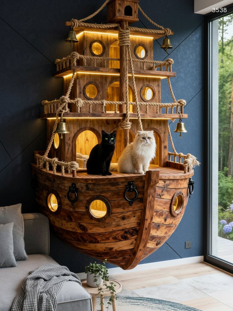 Pirate Ship Cat Playground - Luxury Wall-Mounted Wooden Cat Tree with LED Lights