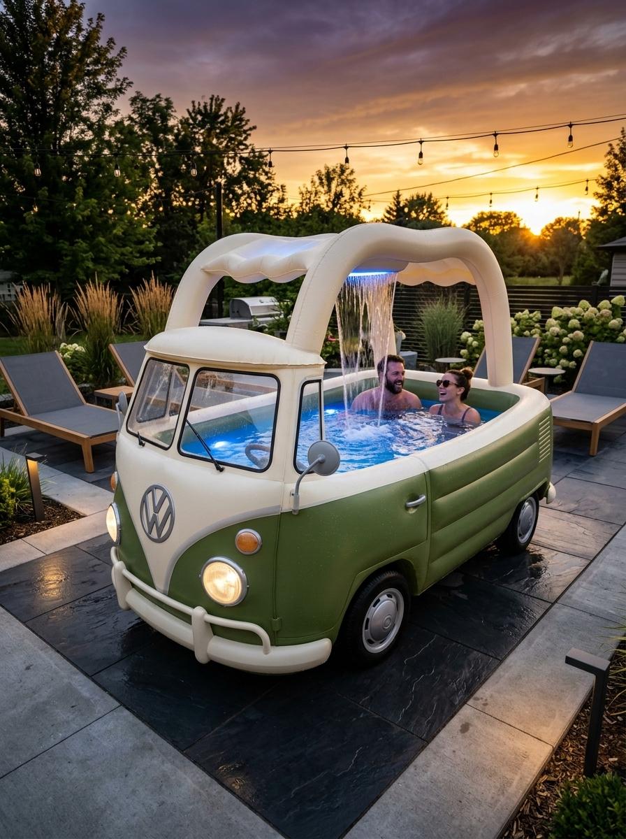 Inflatable VW Bus Shaped Pool with Waterfall - Retro Kids & Family Swimming Pool Inflatable VW Bus Shaped Pool with Waterfall - Retro Kids & Family Swimming Pool