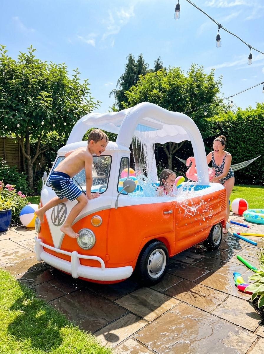 Inflatable VW Bus Shaped Pool with Waterfall - Retro Kids & Family Swimming Pool
