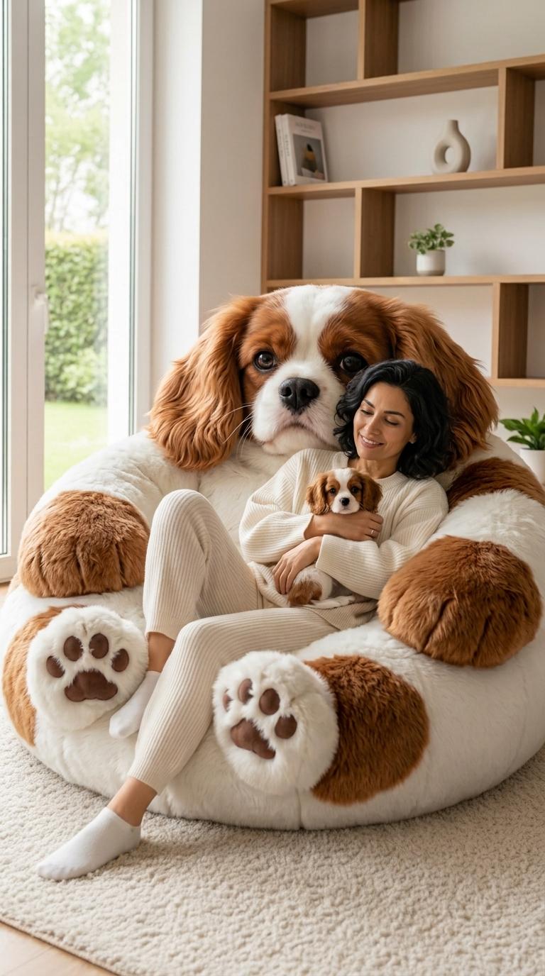 Giant Fluffy Dog Bean Bag Chair – Cozy Plush Animal Lounger