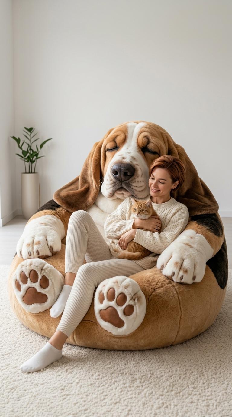 Giant Fluffy Dog Bean Bag Chair – Cozy Plush Animal Lounger