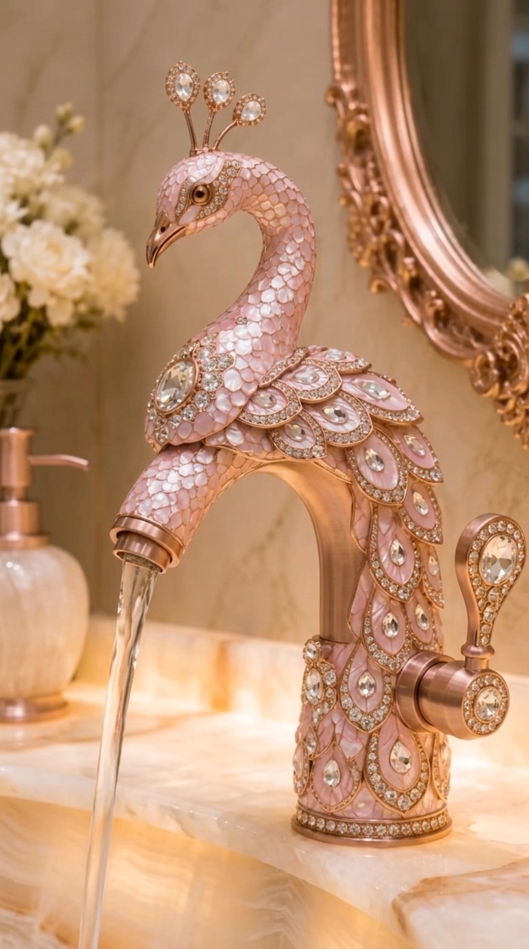 Peacock Shaped Faucet with Crystals - Decorative Bathroom Sink Faucet