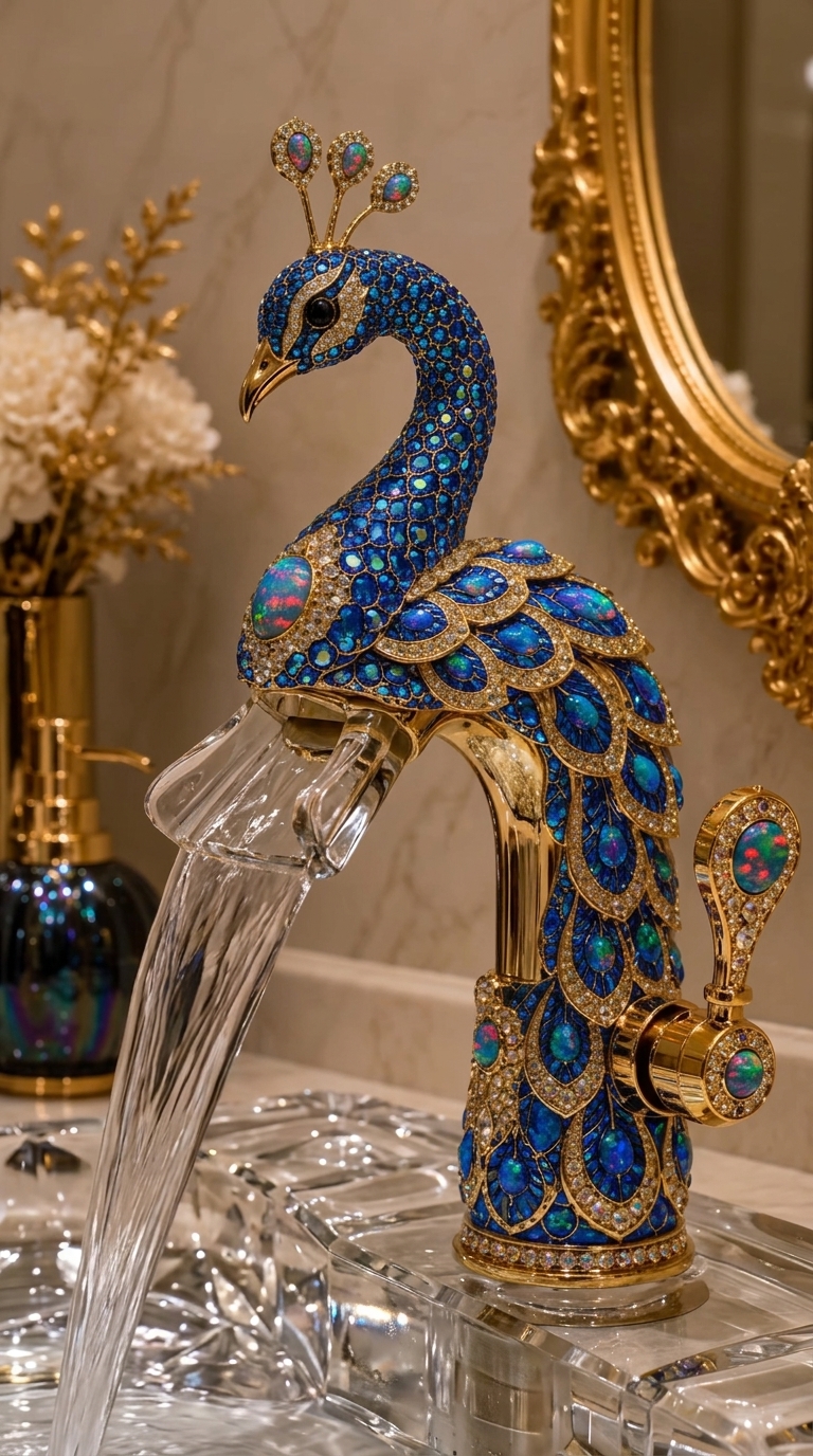 Peacock Shaped Faucet with Crystals - Decorative Bathroom Sink Faucet