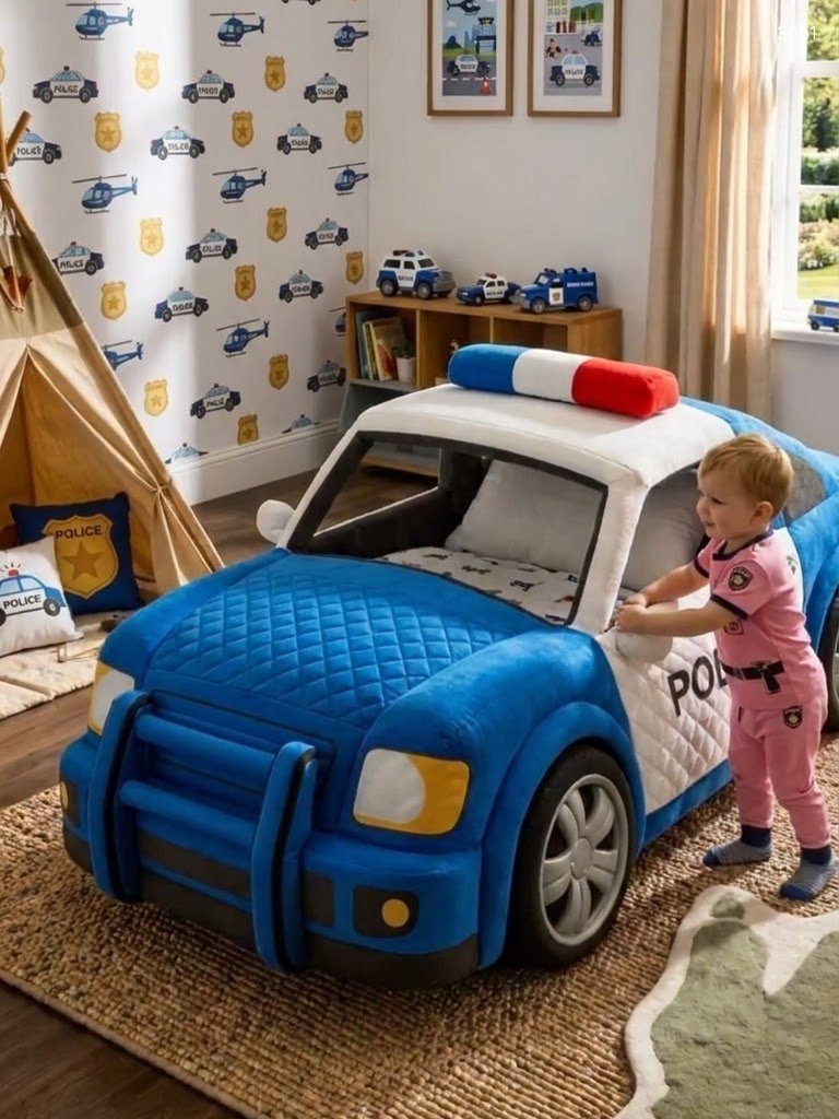 Police Car Shaped Kids Beds – Cute Car Bed with Siren Light Bar