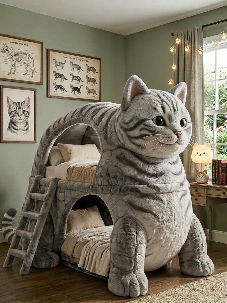 Cat Bunk Bed: Cute Cat-Shaped Plush Bunk for Kids' Bedrooms Cat Bunk Bed: Cute Cat-Shaped Plush Bunk for Kids' Bedrooms