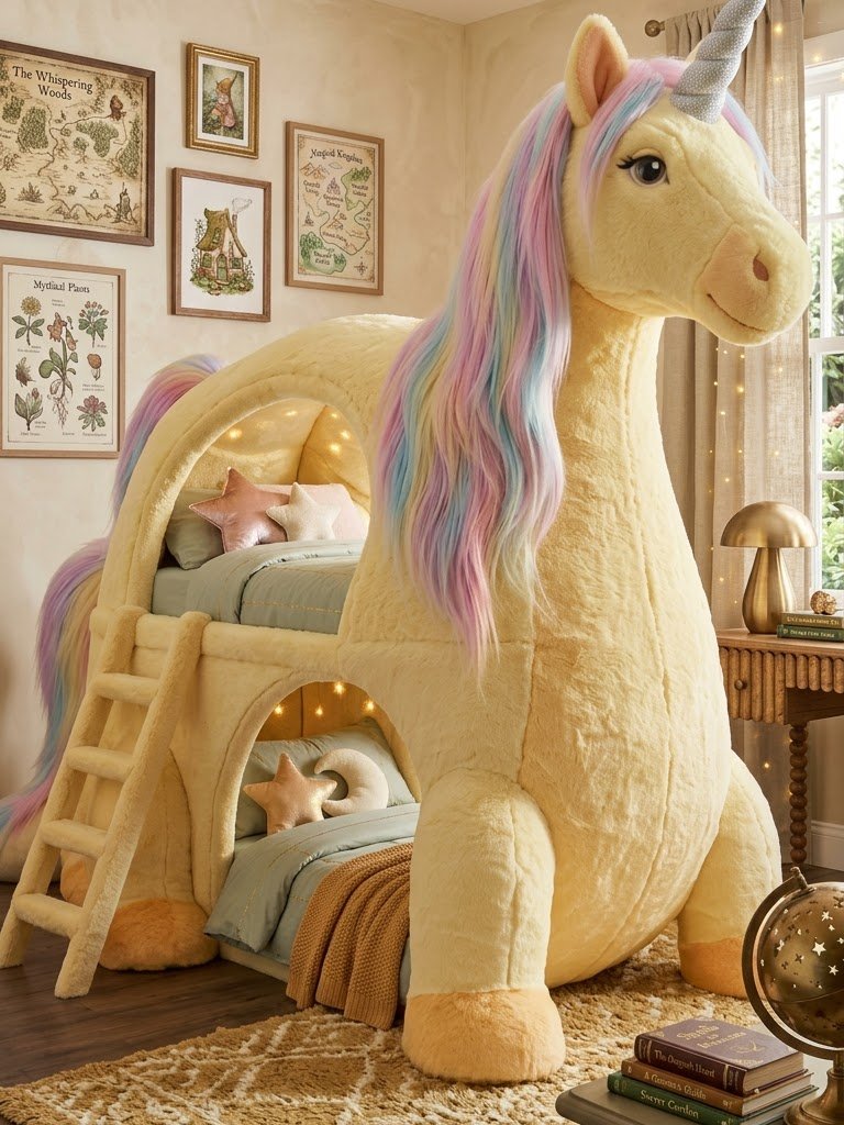 Unicorn Shaped Bunk Bed for Kids Bedroom, Faux Fur Twin Loft Bed with Rainbow Hair Mane and Star Light Canopy
