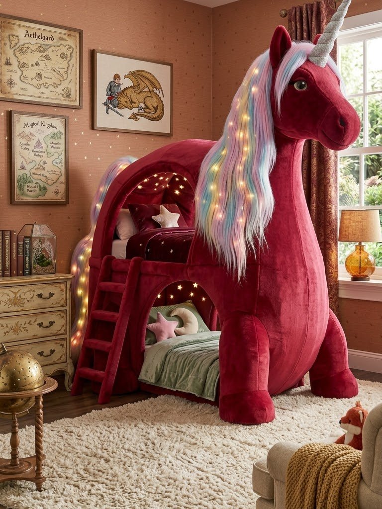 Unicorn Shaped Bunk Bed for Kids Bedroom, Faux Fur Twin Loft Bed with Rainbow Hair Mane and Star Light Canopy