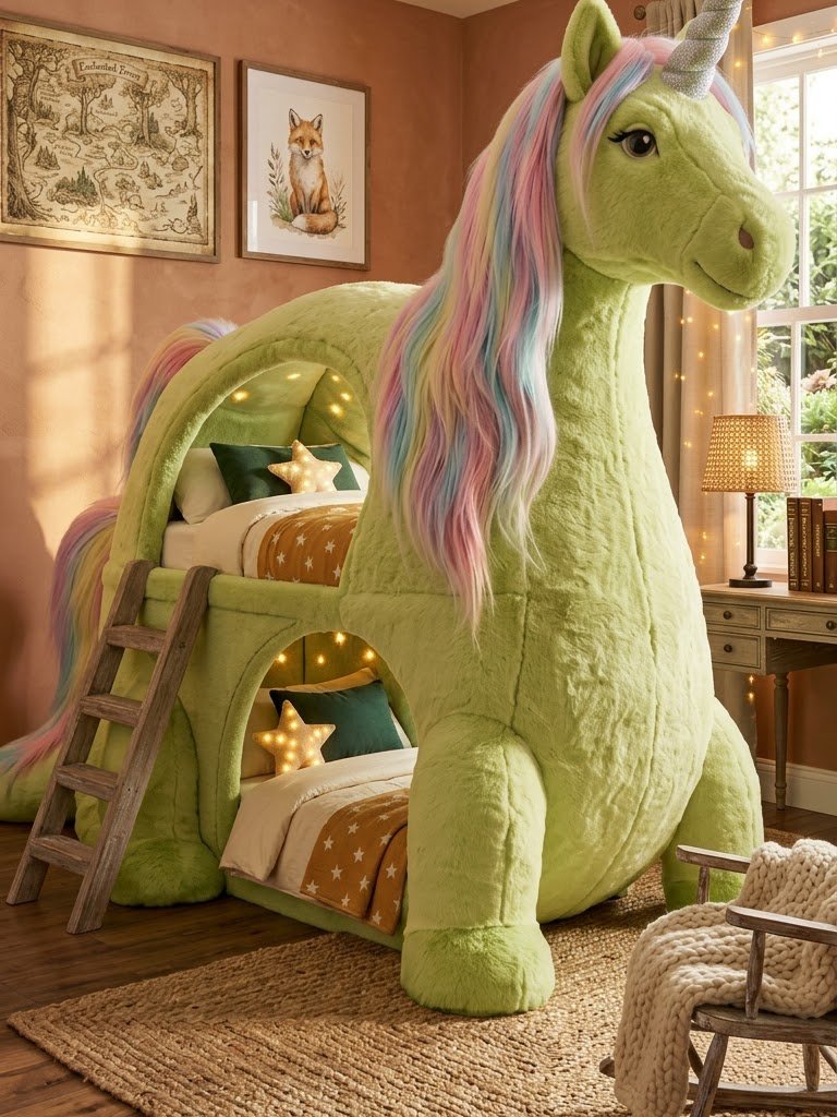 Unicorn Shaped Bunk Bed for Kids Bedroom, Faux Fur Twin Loft Bed with Rainbow Hair Mane and Star Light Canopy