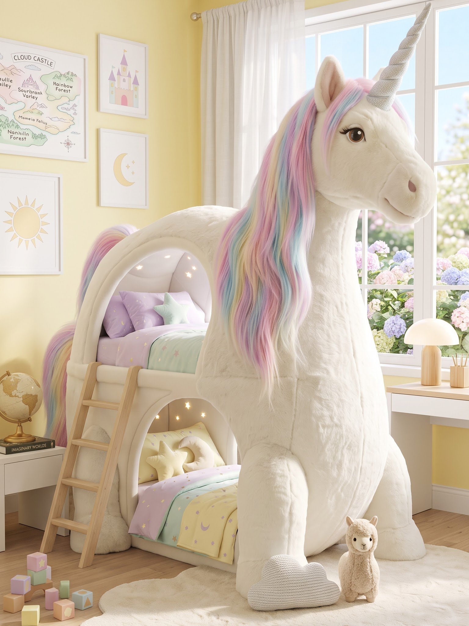Unicorn Shaped Bunk Bed for Kids Bedroom, Faux Fur Twin Loft Bed with Rainbow Hair Mane and Star Light Canopy