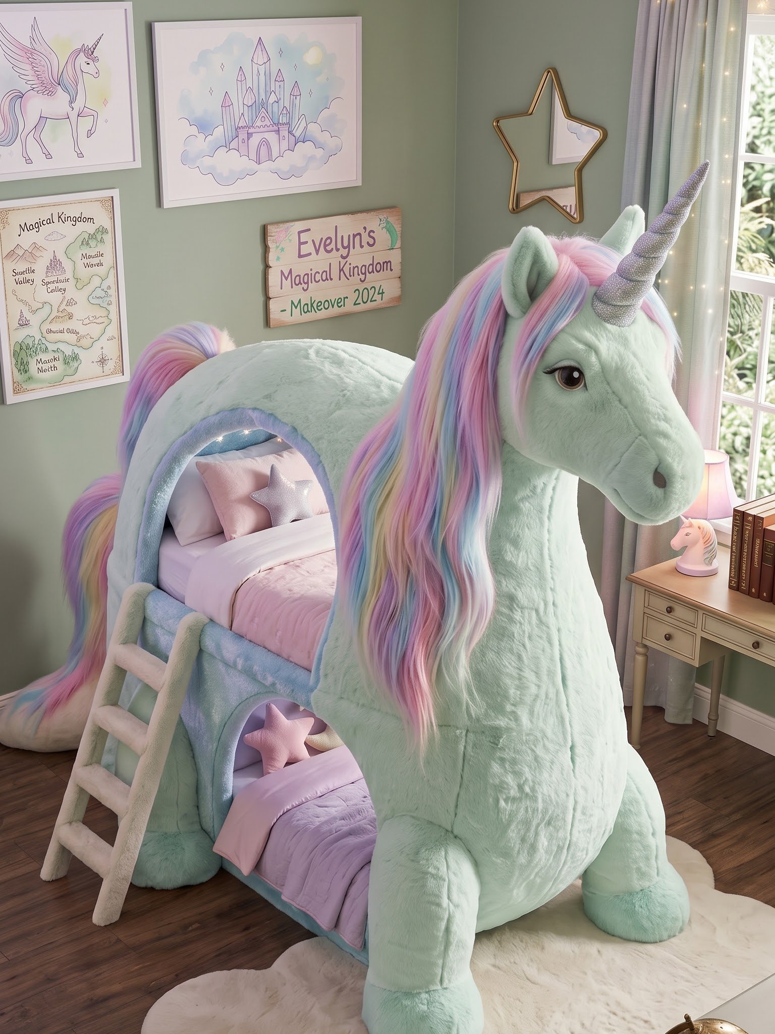 Unicorn Shaped Bunk Bed for Kids Bedroom, Faux Fur Twin Loft Bed with Rainbow Hair Mane and Star Light Canopy
