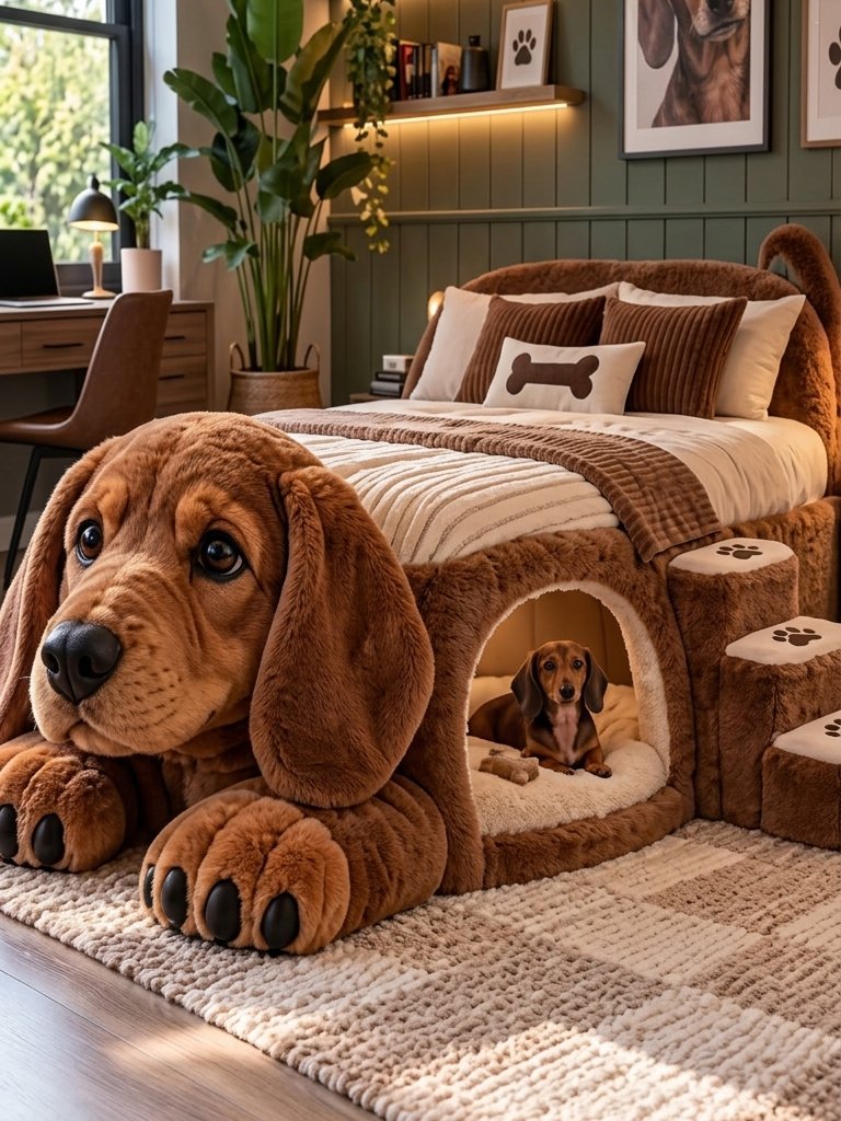 Dog Shaped Bed with Pet Den: Giant Plush Bed Design Ideas