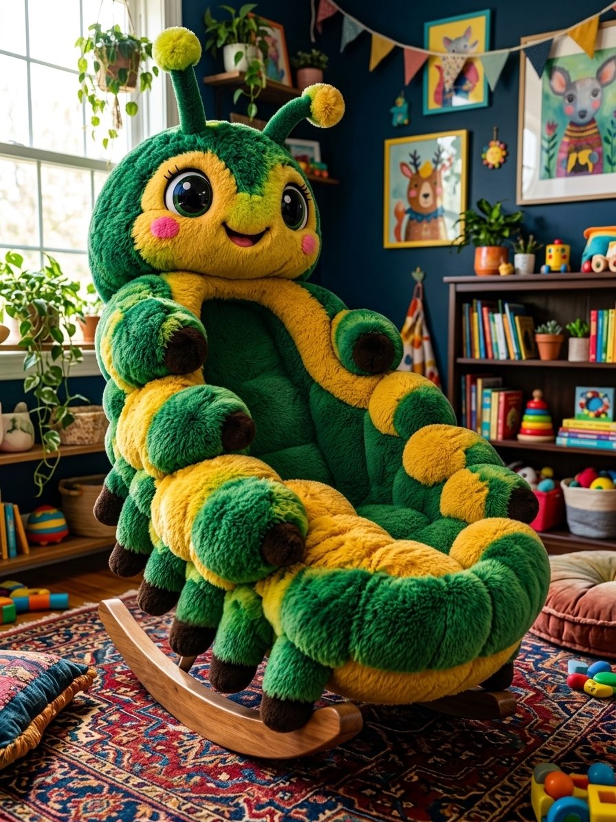 Caterpillar Shaped Rocking Chair with Soft Plush Fur for Nurseries and Cozy Corners