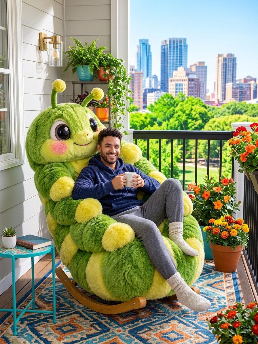 Caterpillar Shaped Rocking Chair with Soft Plush Fur for Nurseries and Cozy Corners