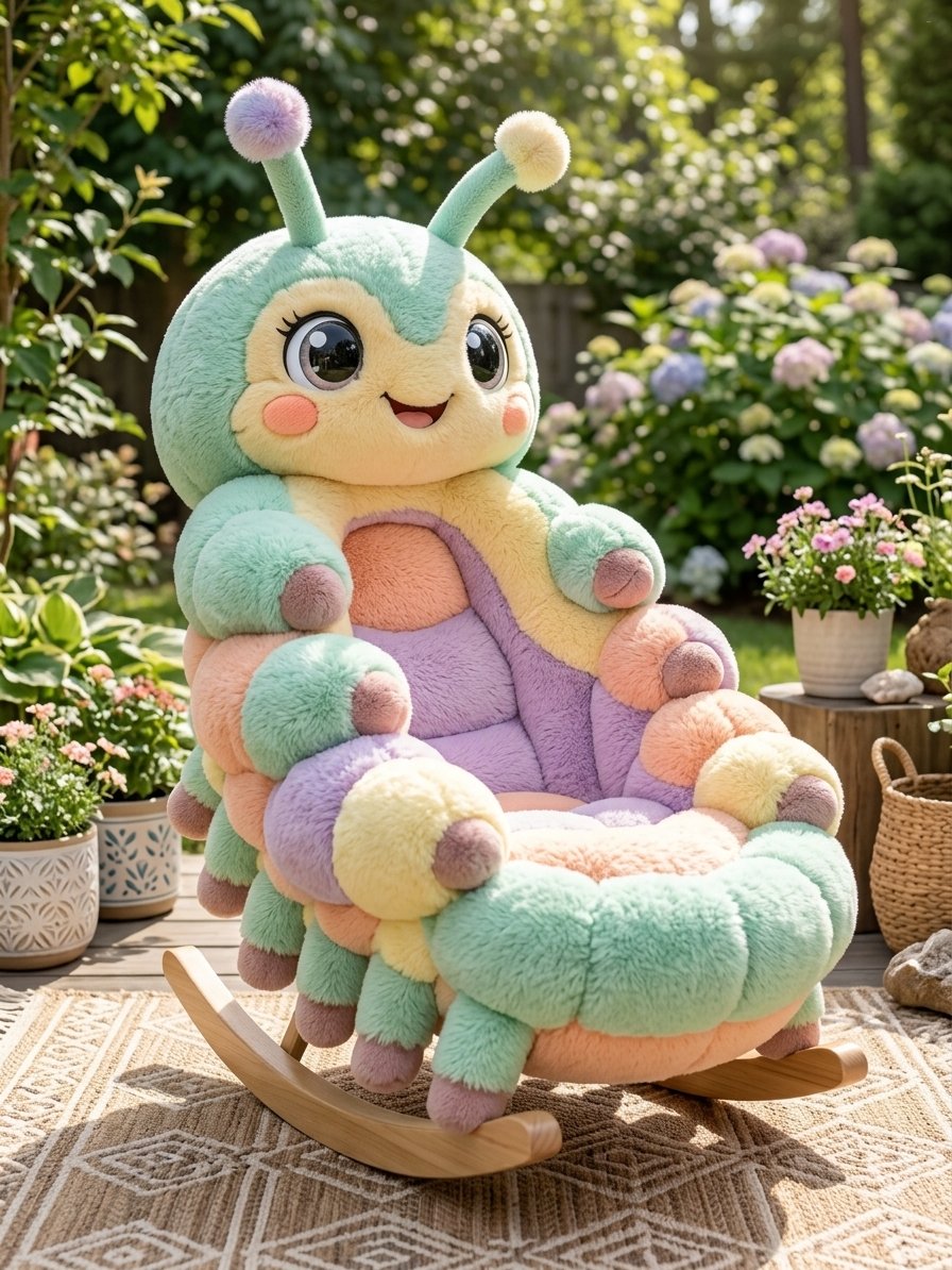 Caterpillar Shaped Rocking Chair with Soft Plush Fur for Nurseries and Cozy Corners