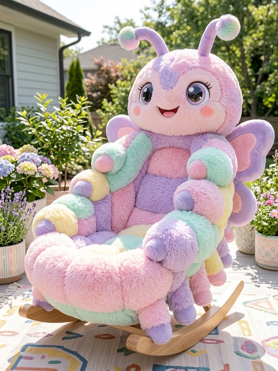 Caterpillar Shaped Rocking Chair with Soft Plush Fur for Nurseries and Cozy Corners