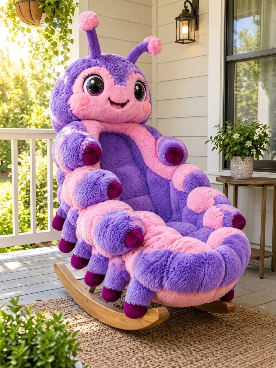 Caterpillar Shaped Rocking Chair with Soft Plush Fur for Nurseries and Cozy Corners